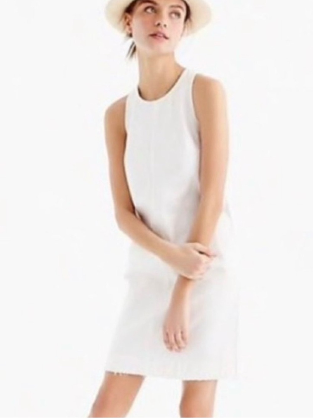 NWT J Crew white denim shift dress. Pockets. Unfinished hem. Size 10.